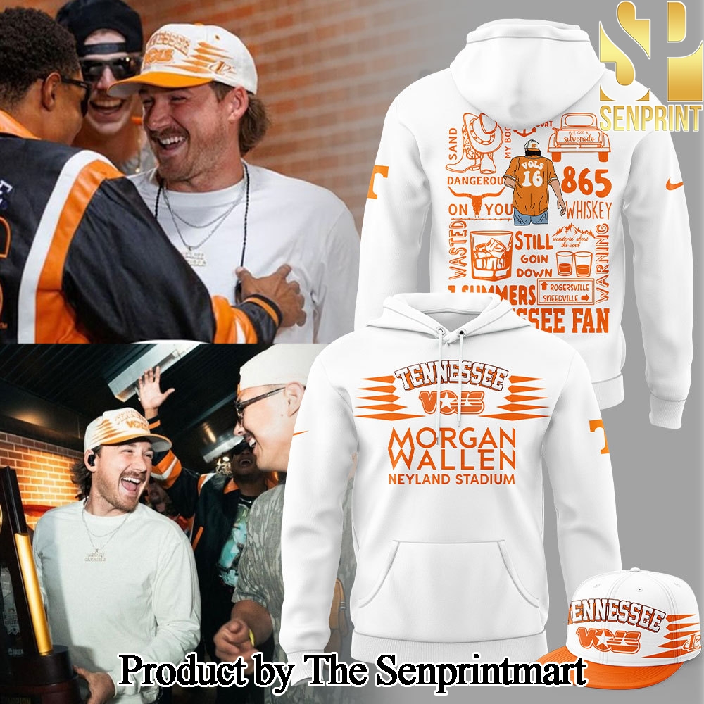 Tennessee Volunteers Football Morgan Wallen Live Knoxville Tennessee Sept 20 and 22 2024 White Hoodie and Pants and Snapback Cap Set SEN3573