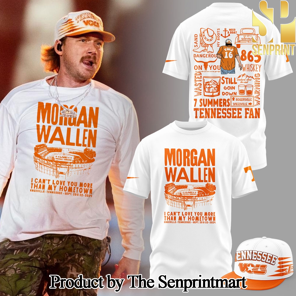 Tennessee Volunteers Football Morgan Wallen Live Knoxville Tennessee Sept 20 and 22 2024 White Tshirt and Pants and Snapback Cap Set SEN3557