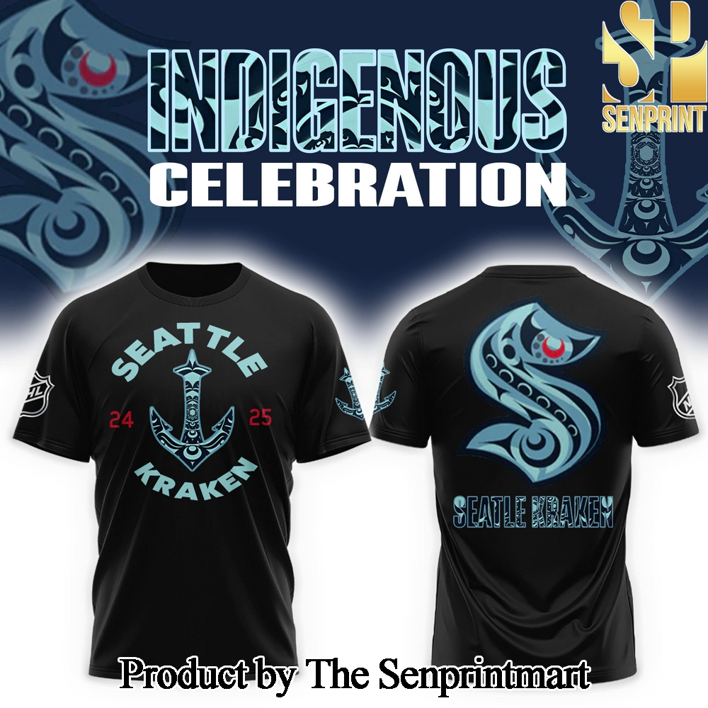 Seattle Kraken Indigenous Peoples Night 2024 For Sport Fans Full Printed Tshirt Black Color SEN3073