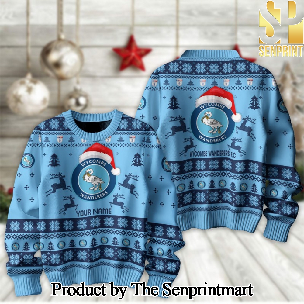 English Football League Wycombe Wanderers Fc Knitting Pattern Ugly Christmas Holiday Sweater SEN2267