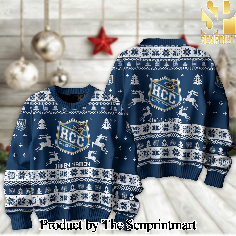 Ice Hockey National League and Swiss League La Chaux-de-Fonds Knitting Pattern 3D Print Ugly Sweater SEN2196