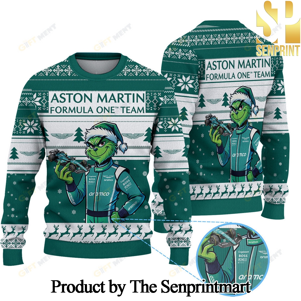 Aston Martin Aramco Cognizant Formula One Team x Grinch Knitting Pattern Ugly Christmas Holiday Sweater SEN0163