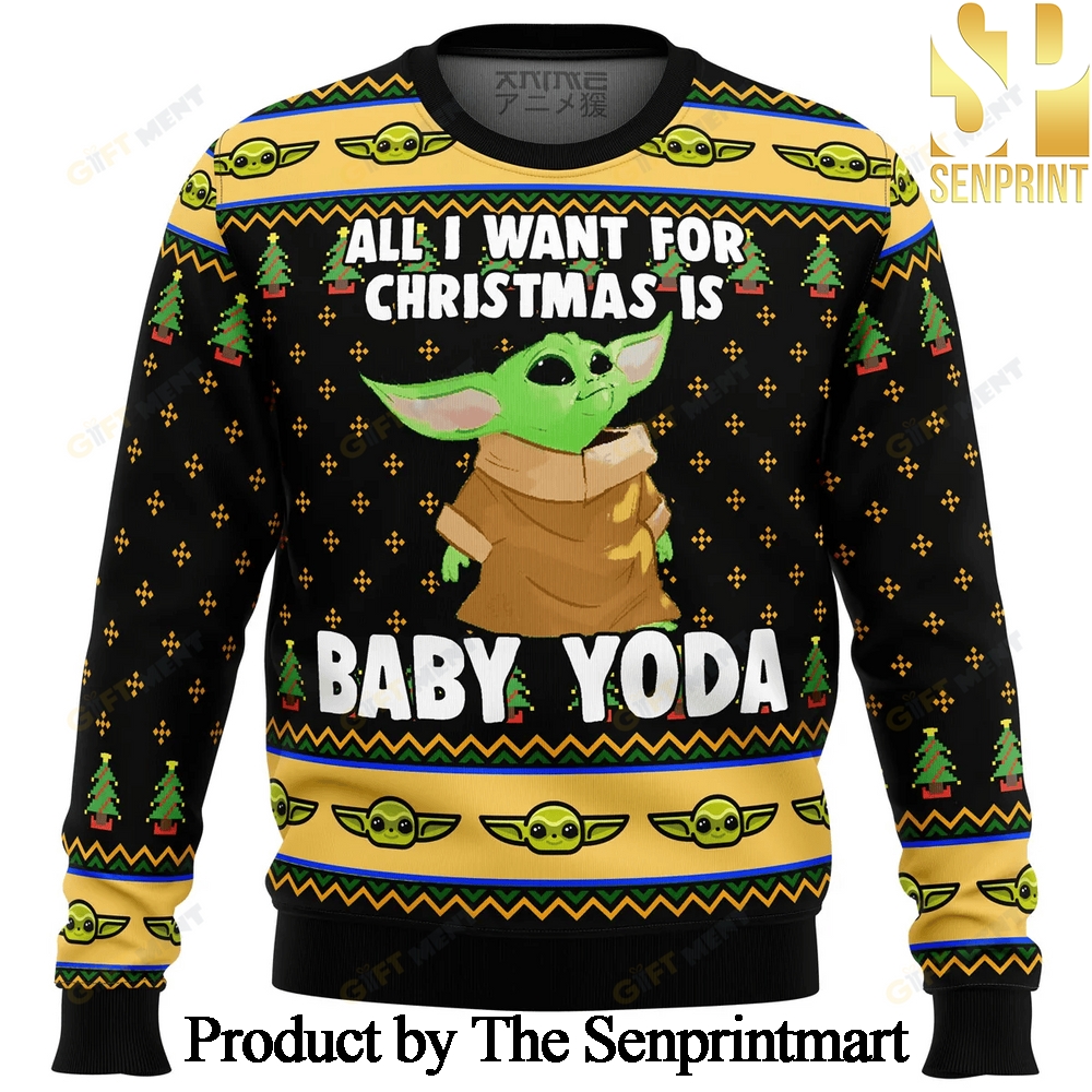 Baby Yoda All I Want Mandalorion Star Wars Knitting Pattern Ugly Christmas Holiday Sweater SEN0205