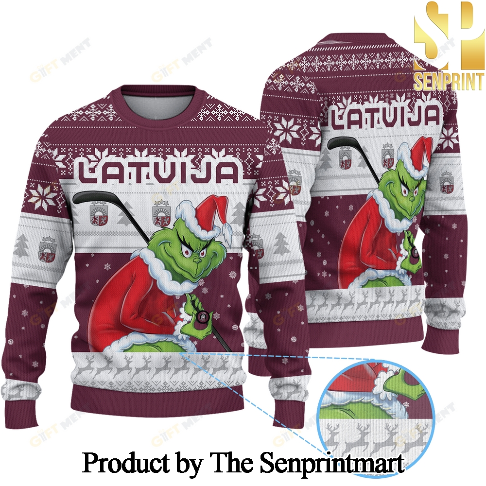 ICE LATVIA ice Hockey x Grinch Knitting Pattern Ugly Christmas Sweater SEN0141