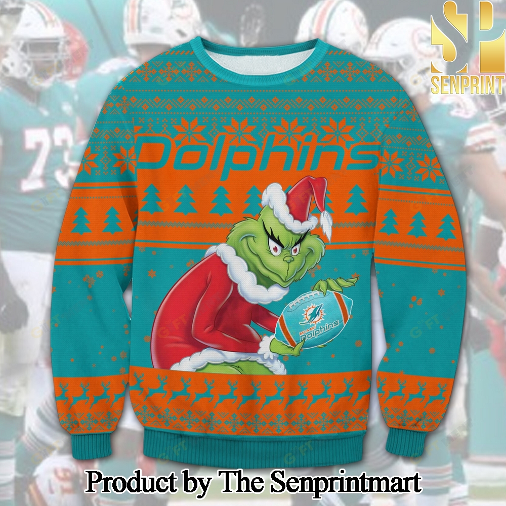 Miami Dolphins Grinch Knitting Pattern Ugly Christmas Holiday Sweater SEN0730