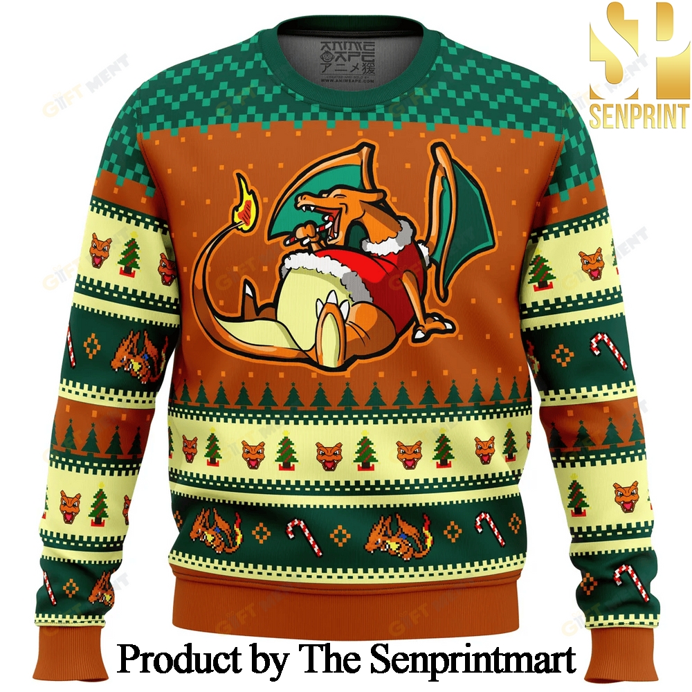 Pokemon Eating Candy Cane Charizard Knitting Pattern Ugly Christmas Sweater SEN0267