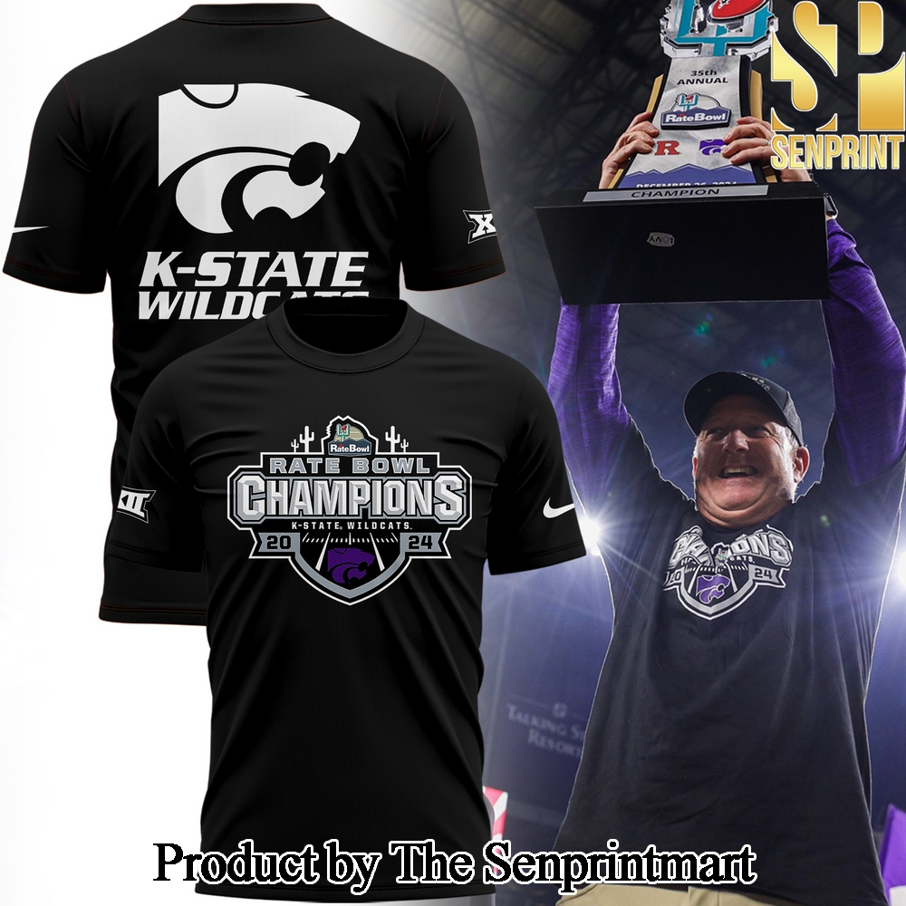 Kansas State Wildcats football 2024 RATE BOWL CHAMPIONS Gift Ideas Full Printing Shirt SEN0369