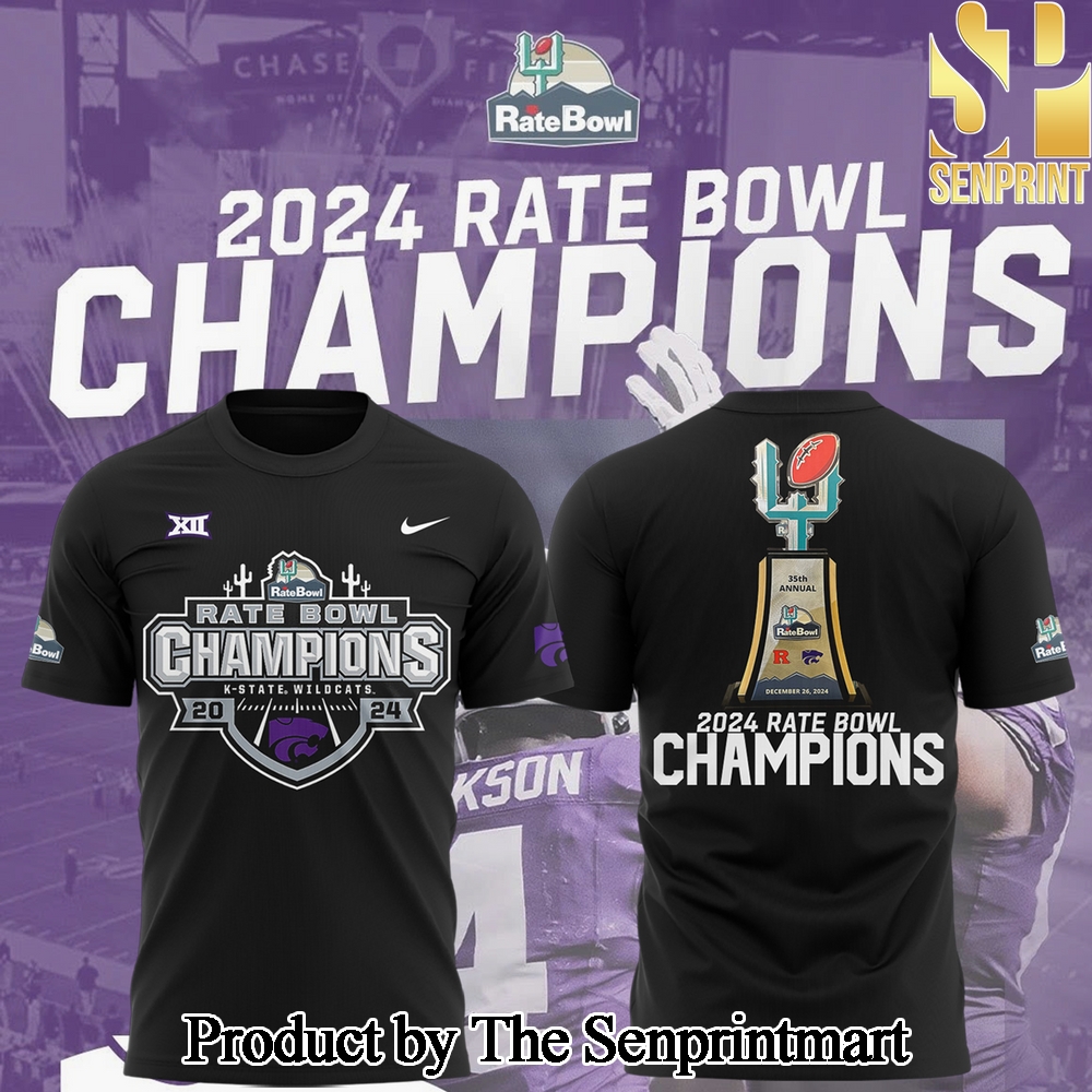 Kansas State Wildcats football 2024 RATE BOWL CHAMPIONS Gift Ideas Full Printing Shirt SEN0372