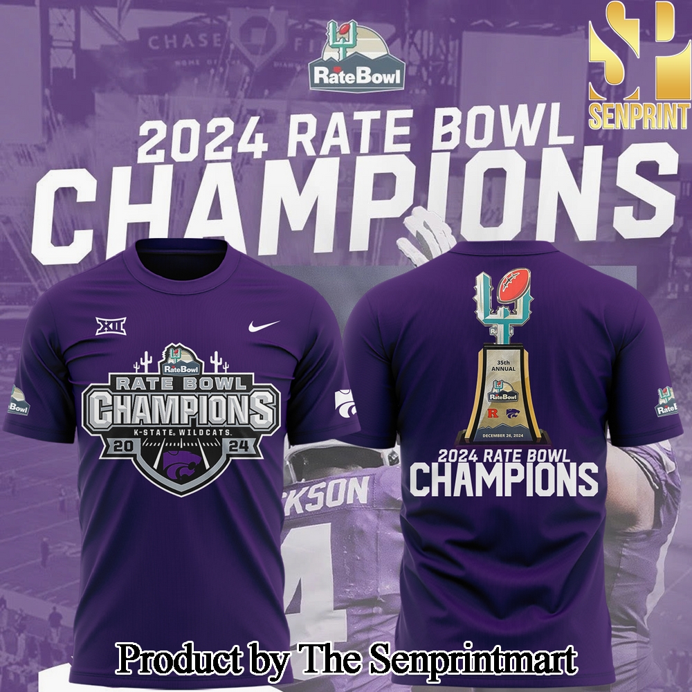 Kansas State Wildcats football 2024 RATE BOWL CHAMPIONS Gift Ideas Full Printing Shirt SEN0373