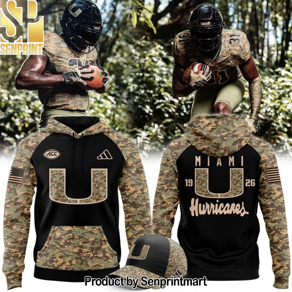 Camo Miami Hurricanes Honor & Support Premier Strategy Hoodie – Sports Fan Outfit 2275