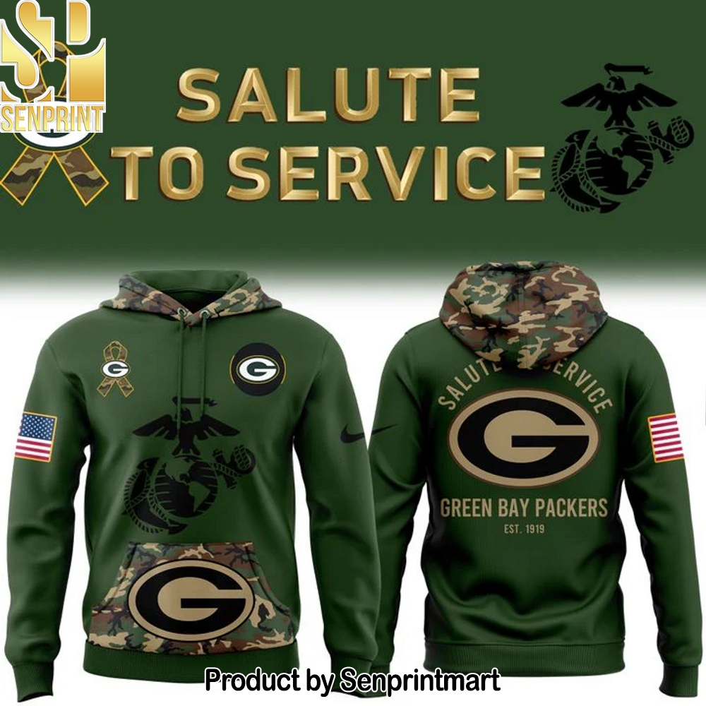 Men’s Green Bay Packers 2025 NFL Salute to Service Marines 250 Hoodie – Sports Fan Outfit 4191