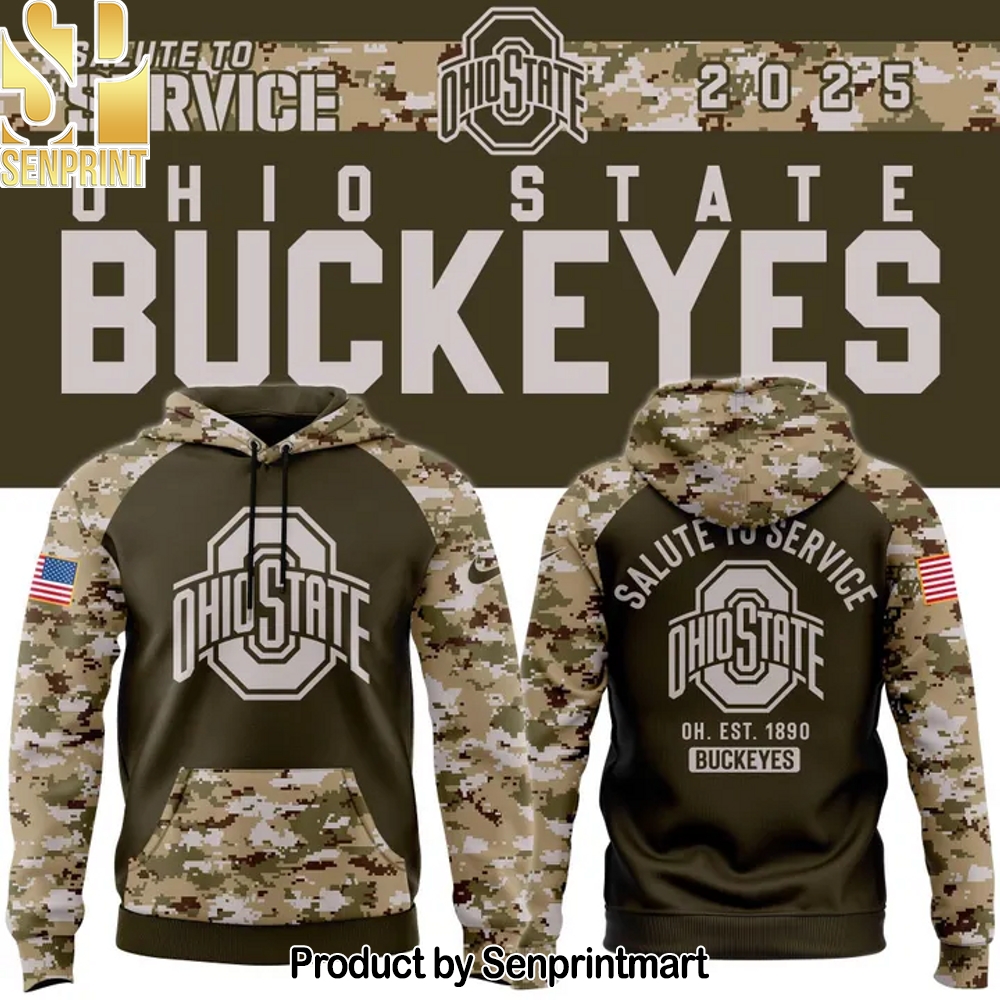 Men’s Ohio State Football Olive camo 2025 Salute To Service Hoodie – Sports Fan Outfit 3931