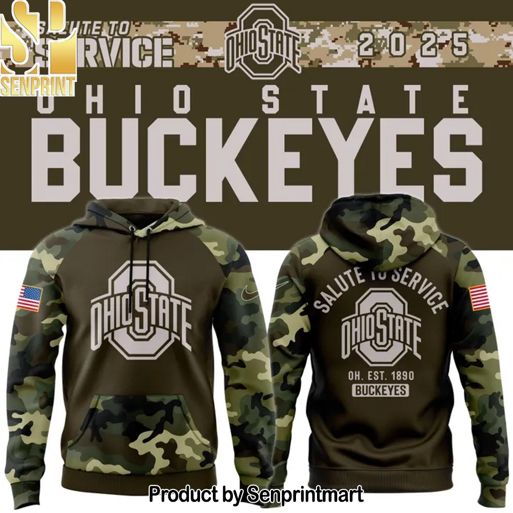Men’s Ohio State Football Olive camo 2025 Salute To Service Hoodie v2 – Sports Fan Outfit 3074
