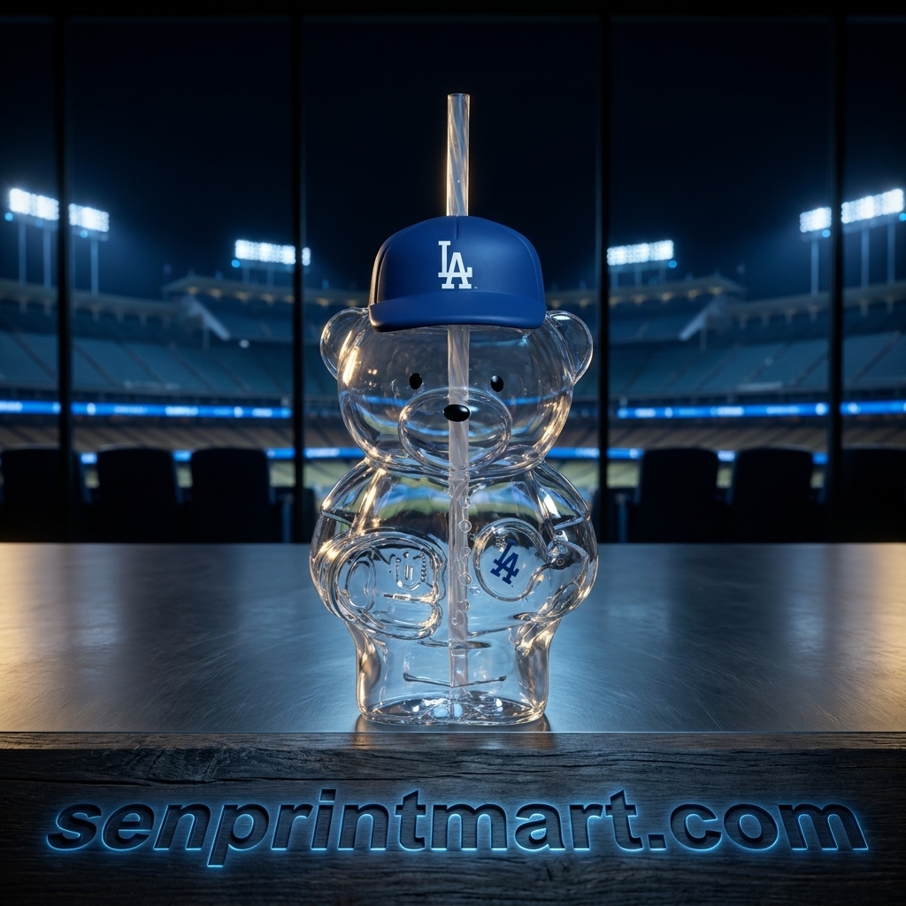 Los Angeles Dodgers Bear Glass Tumbler with Blue Cap and Straw