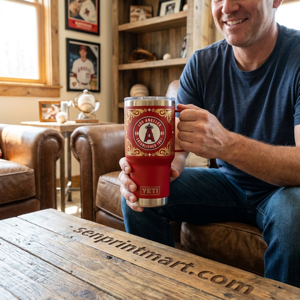 Los Angeles Angels Established 1961 Luxury Diamond Embellished Red Gold YETI Insulated Tumbler with Handle