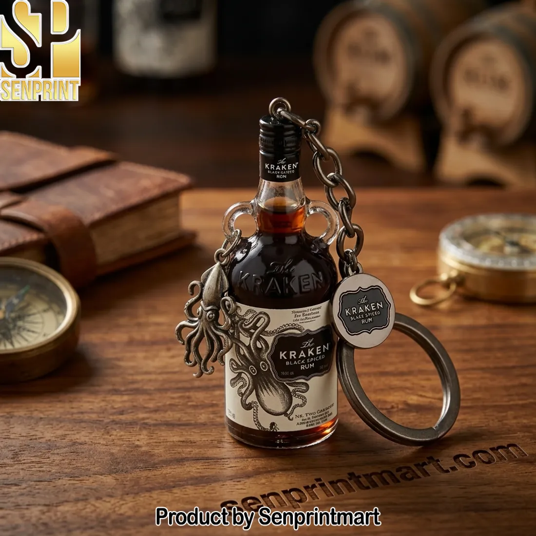 The Kraken Black Spiced Rum Miniature Bottle Octopus Design Keychain