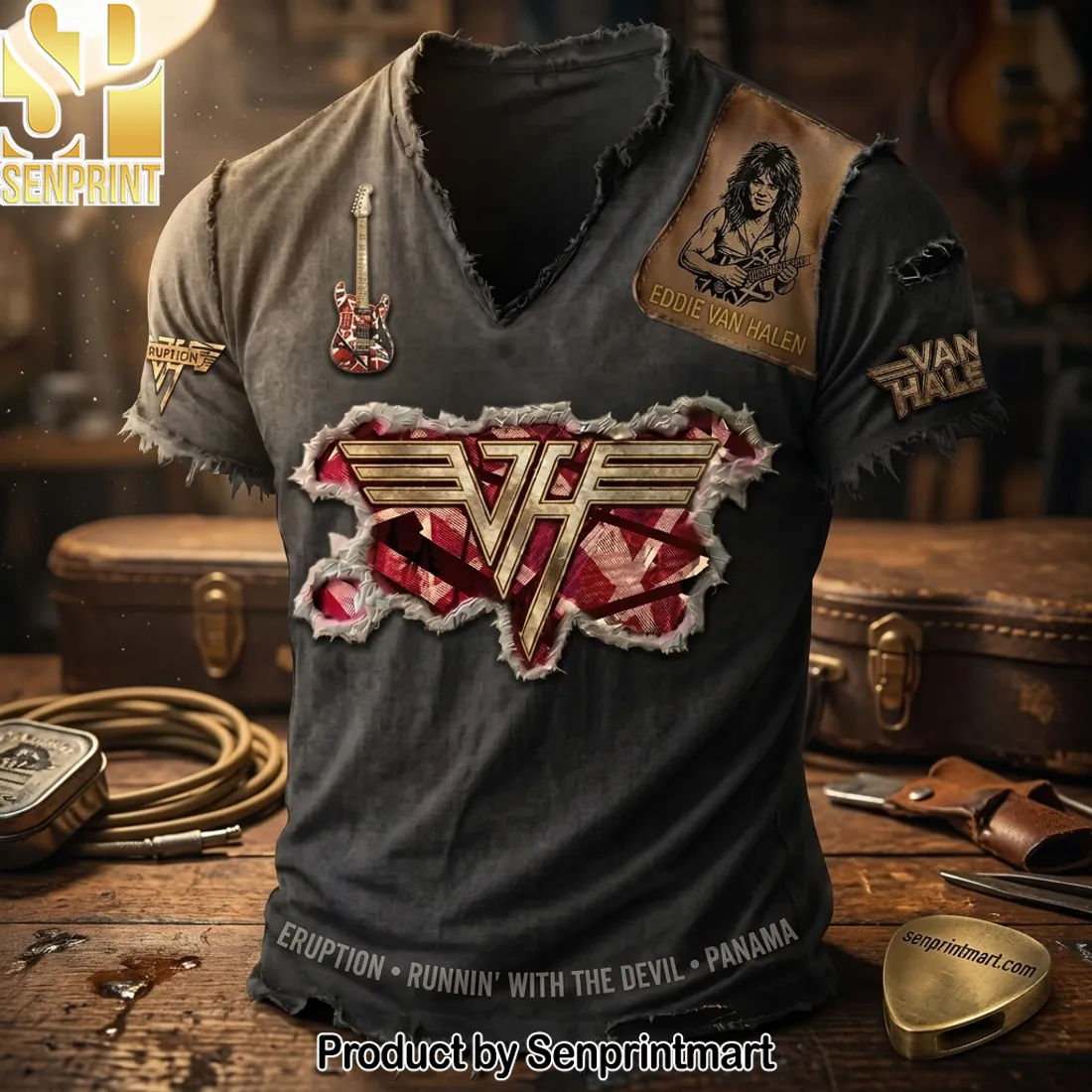 Van Halen Eddie Van Halen Eruption Distressed V-Neck T-Shirt