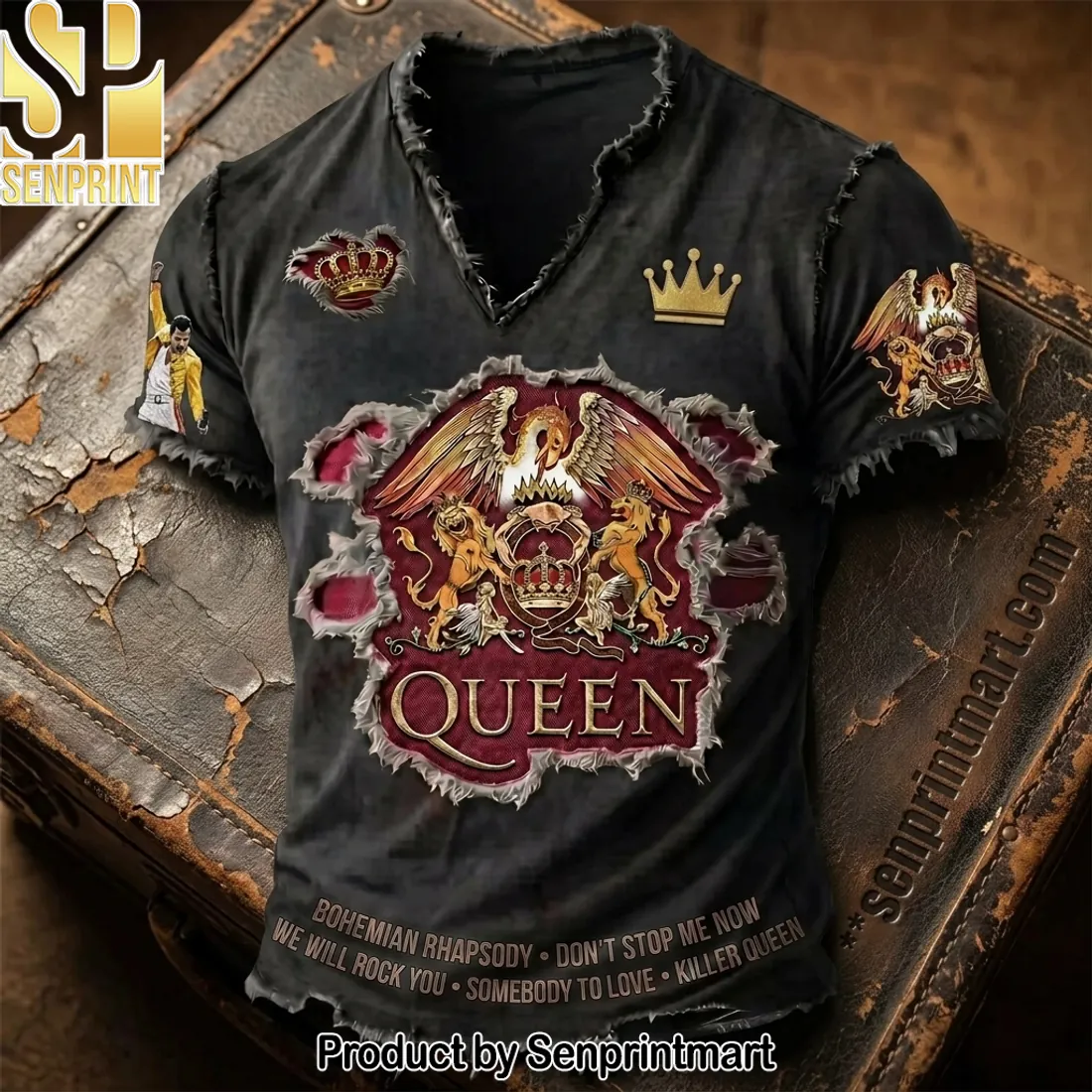 Queen Freddie Mercury Distressed Rock Band V-Neck T-Shirt