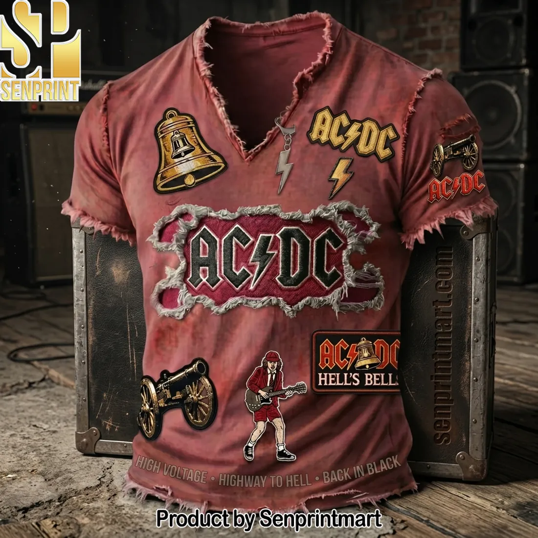 AC/DC Hell’s Bells Distressed 3D Graphic Rock Band T-Shirt