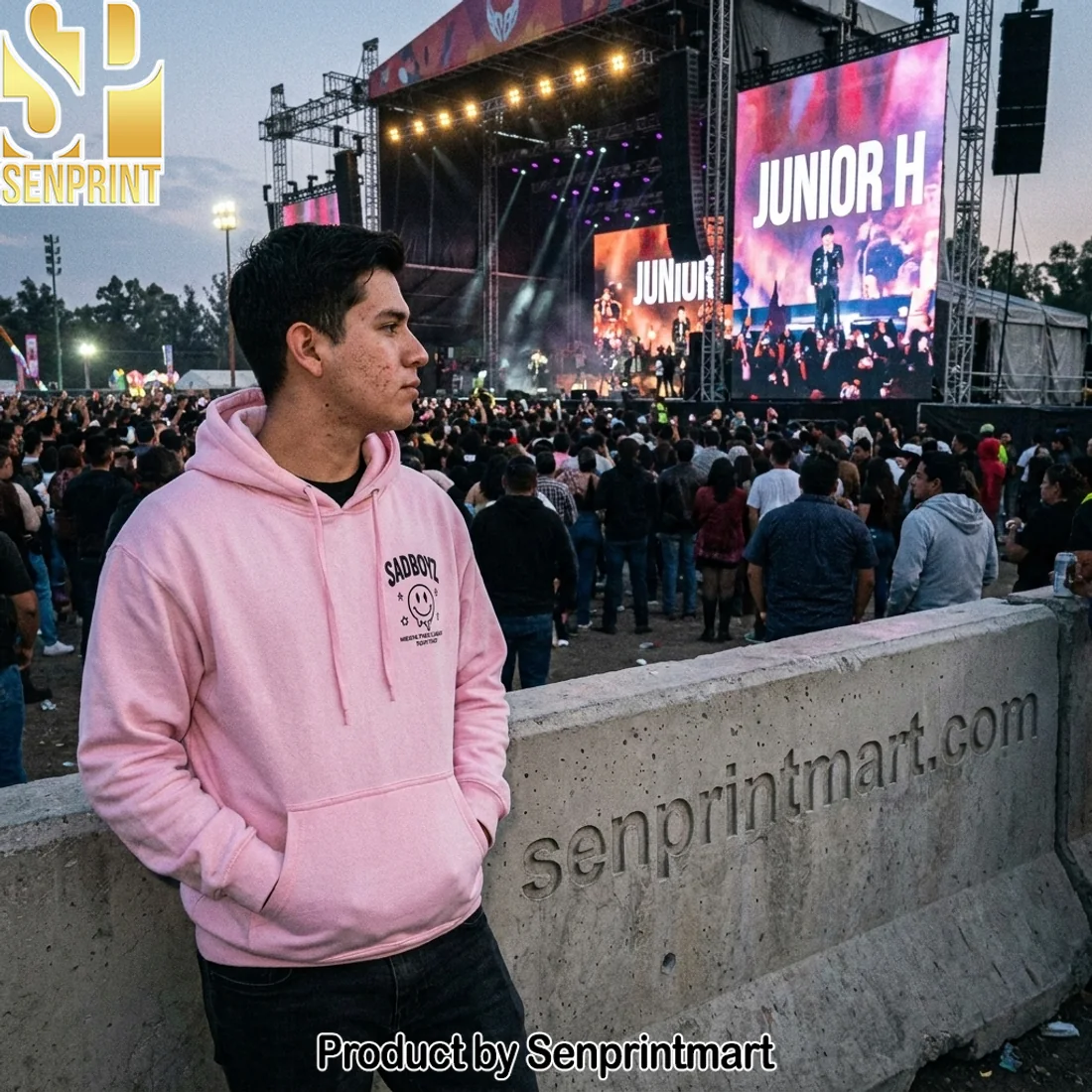Sadboyz Mente Positiva Junior H Estadios Mexico 2027 Tour Limited Edition Pink Pullover Hoodie