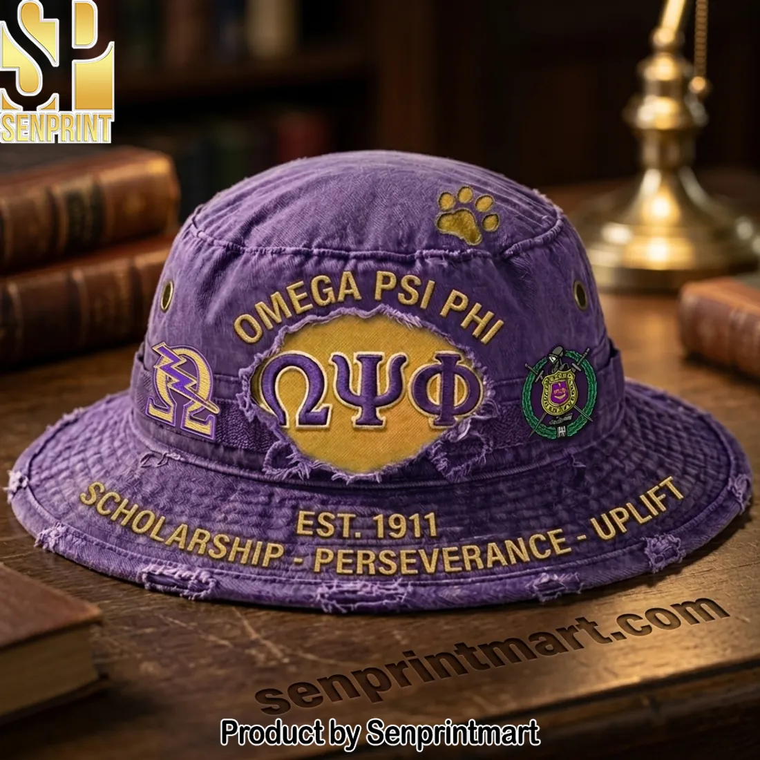 Omega Psi Phi Distressed Embroidered Bucket Hat