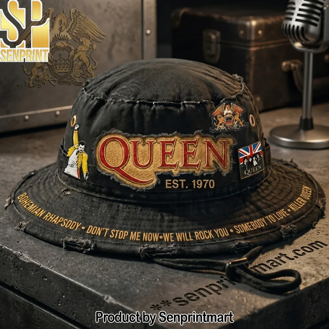 Queen Est. 1970 Vintage Distressed Embroidered Bucket Hat
