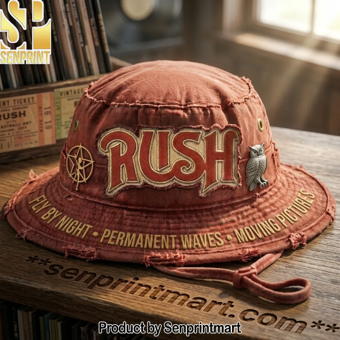 Rush Band Vintage Embroidered Fly By Night Permanent Waves Bucket Hat