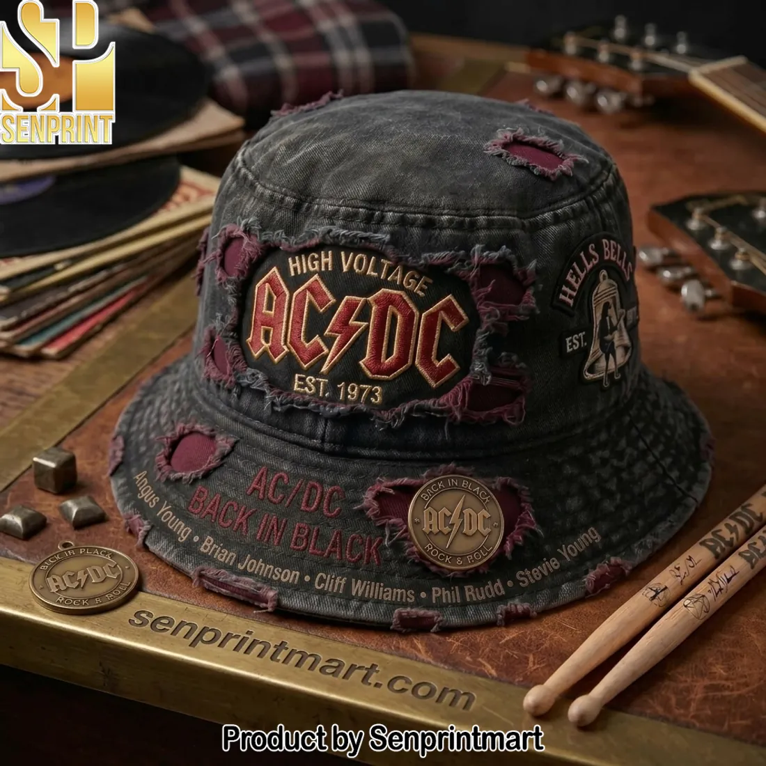 AC/DC High Voltage Est. 1973 Distressed Embroidered Bucket Hat