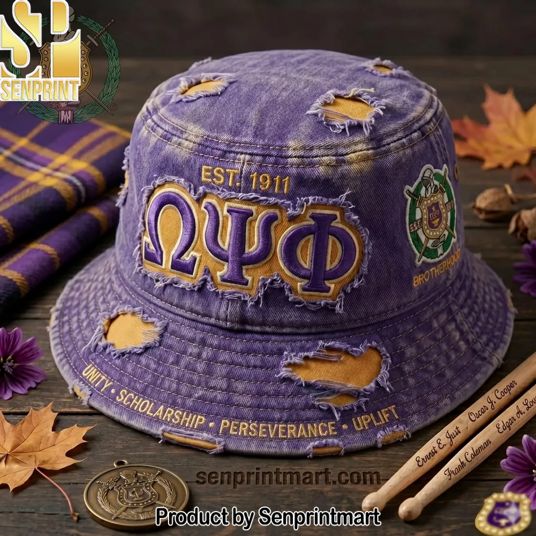 Omega Psi Phi Distressed Vintage 1911 Purple Bucket Hat