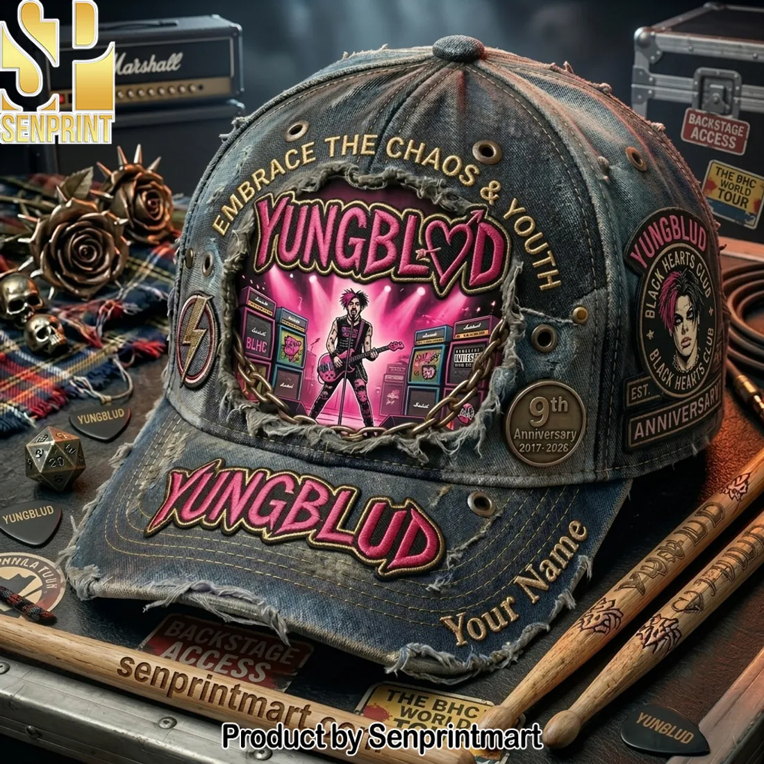 YUNGBLUD Black Hearts Club 9th Anniversary Distressed Personalized Cap