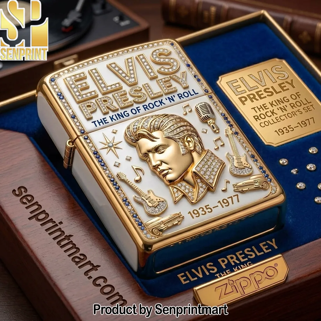 Elvis Presley The King of Rock N Roll Gold Diamond Zippo Lighter Case