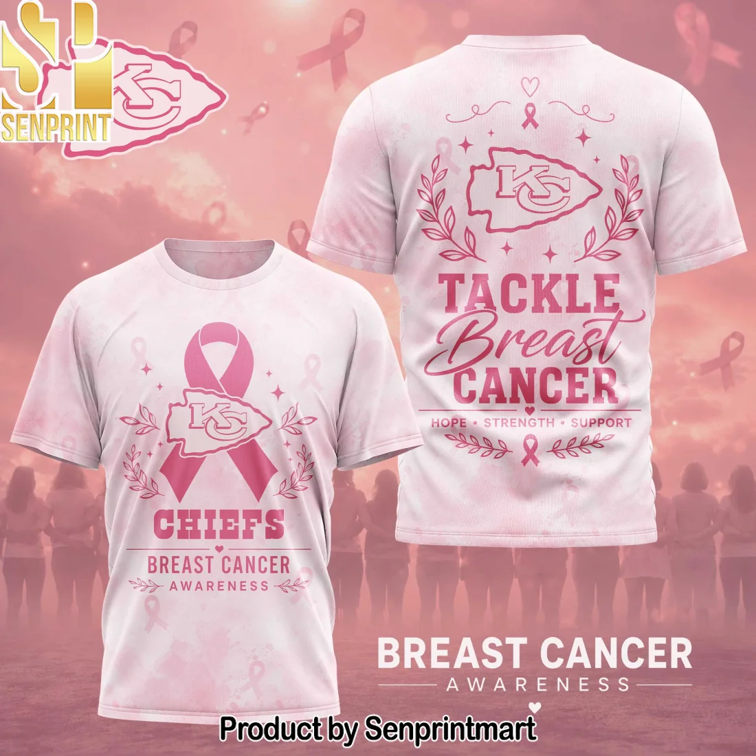 Kansas City Chiefs NFL Breast Cancer Awareness Hope Strength Support Premium 3D All-Over Print T-Shirt