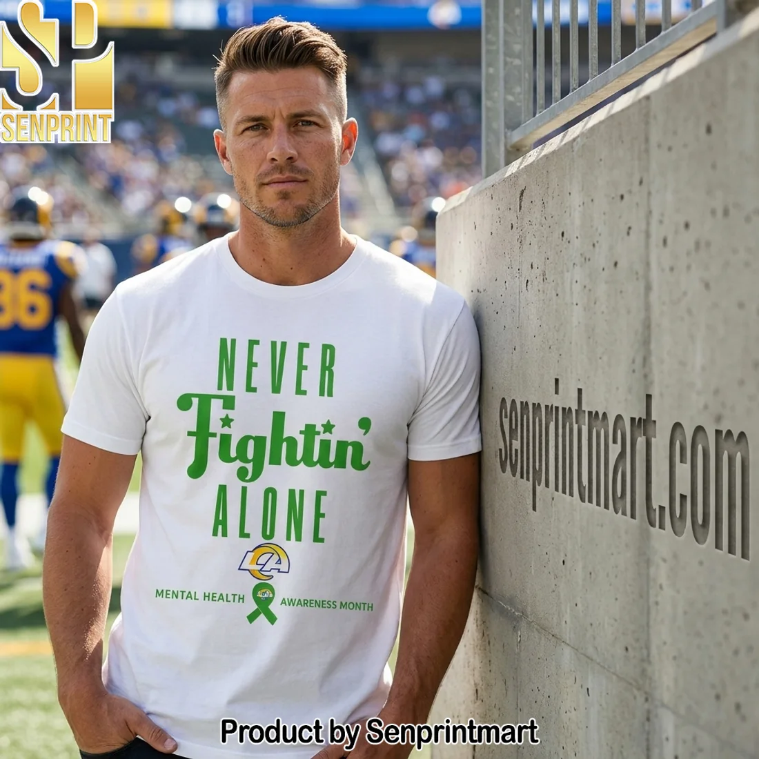 Los Angeles Rams NFL Mental Health Awareness Green Ribbon “Never Fighting Alone” T-Shirt