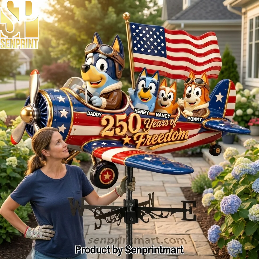 Bluey Inspired Patriotic Airplane Personalized 250 Years of Freedom Family Weather Vane