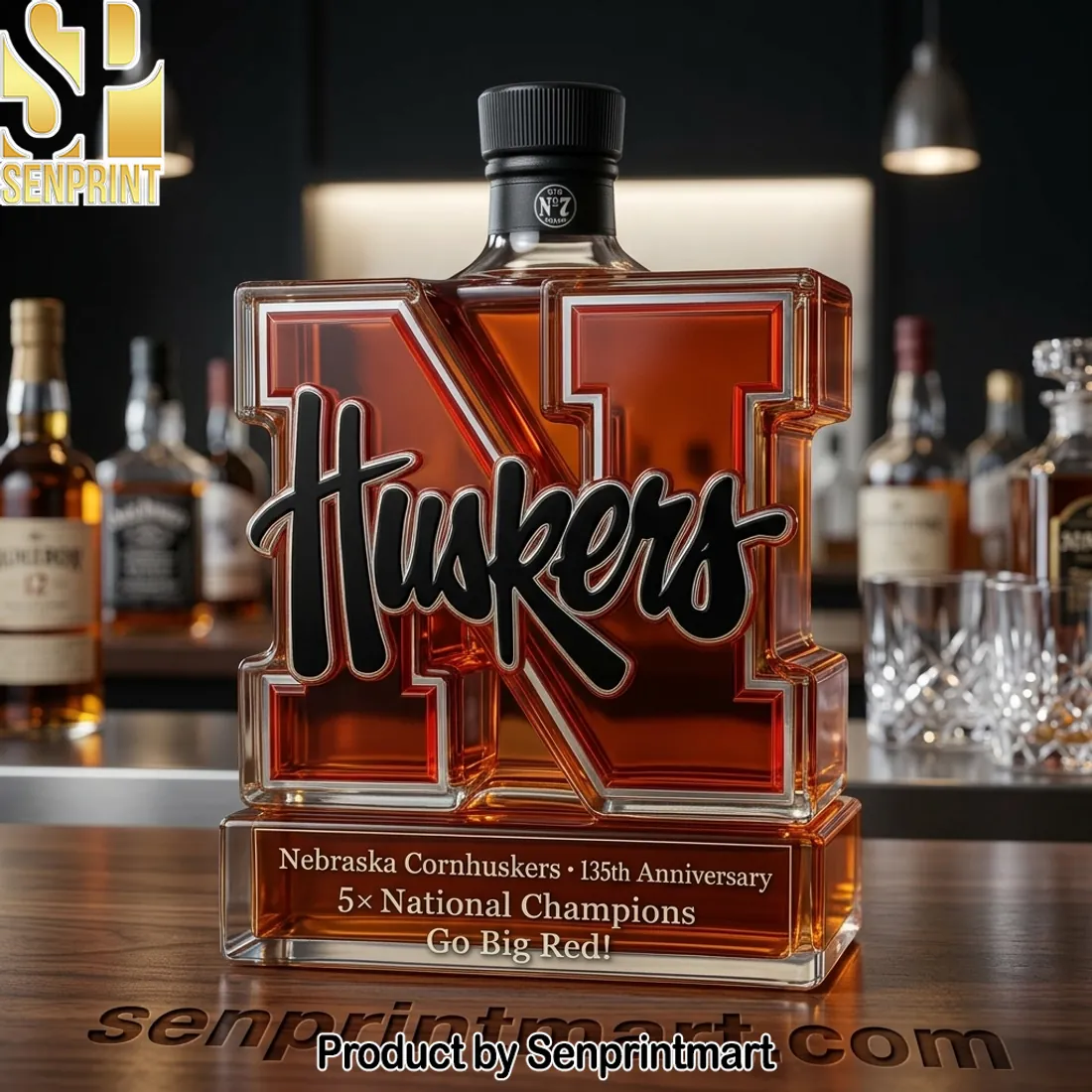 Nebraska Cornhuskers 135th Anniversary 5x National Champions Whiskey Bottle