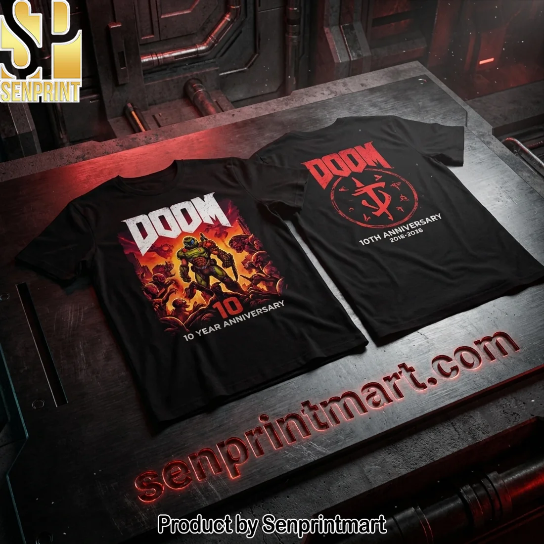 DOOM 10th Anniversary Doom Slayer & Demons Vibrant Graphic T-Shirt