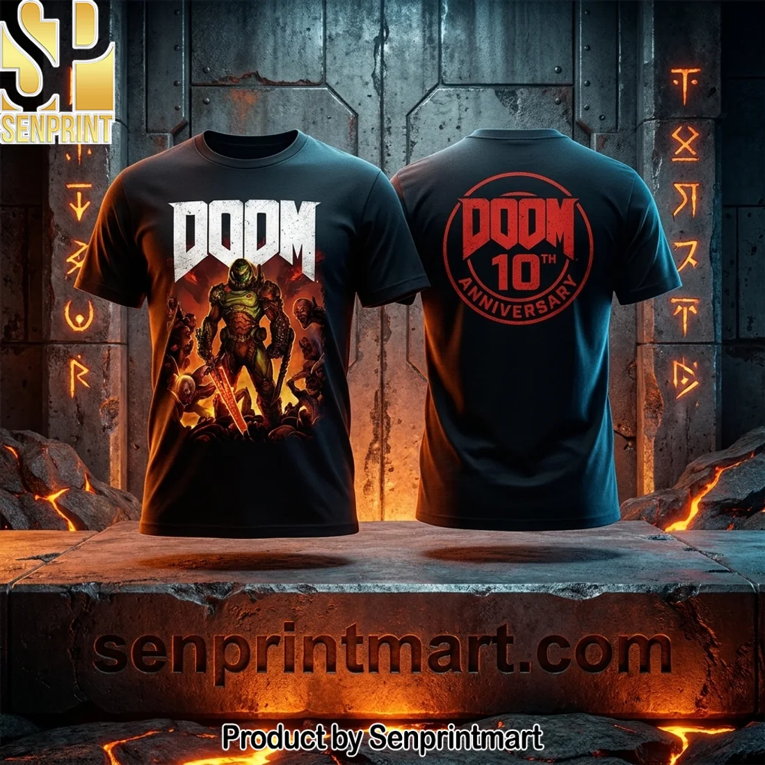 DOOM 10th Anniversary Doom Slayer & Demons Vibrant Graphic T-Shirt DOOM 10th Anniversary Doom Slayer & Demons Vibrant Graphic T-Shirt