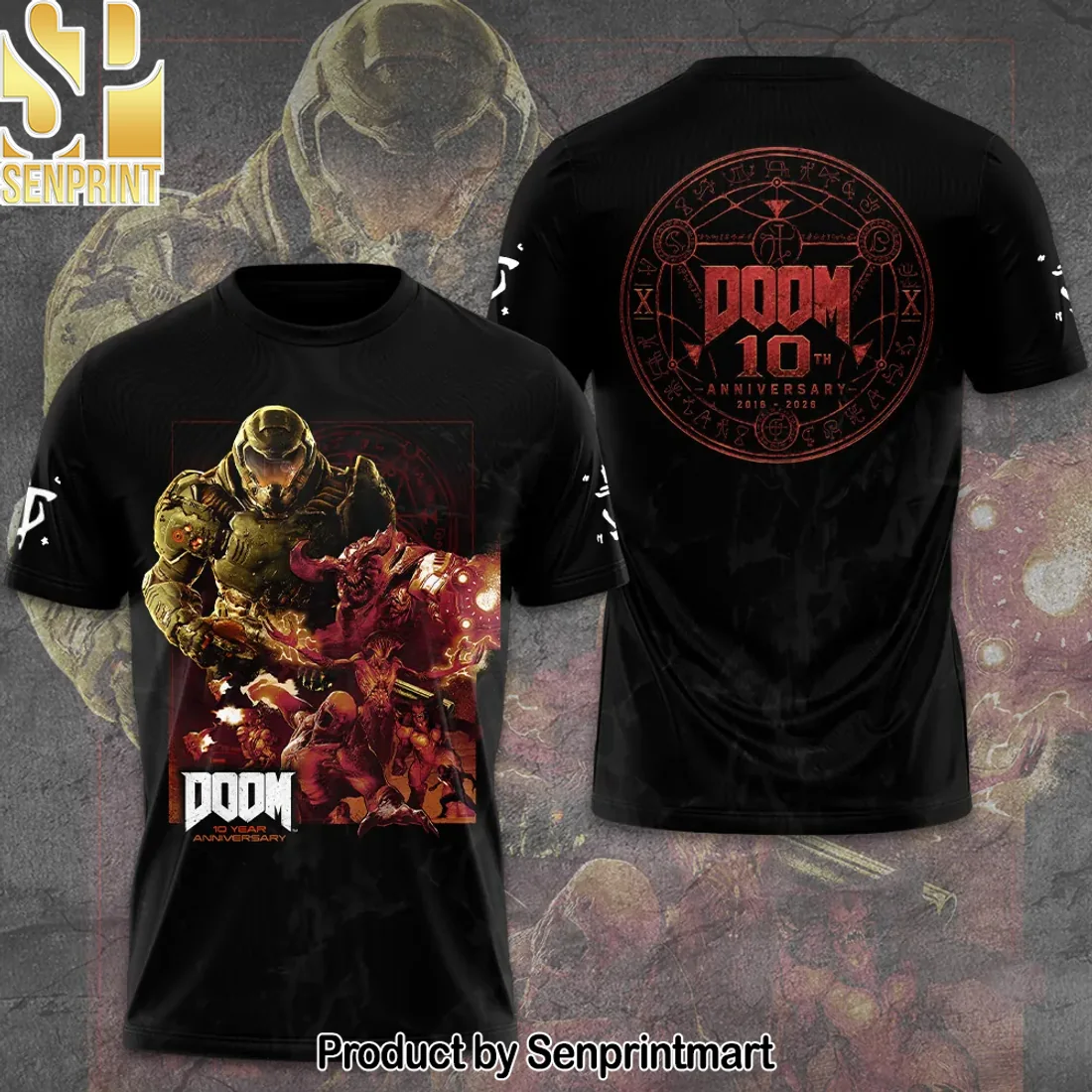 DOOM 10th Anniversary Doom Slayer & Demons Vibrant Graphic T-Shirt DOOM 10th Anniversary Doom Slayer & Demons Vibrant Graphic T-Shirt