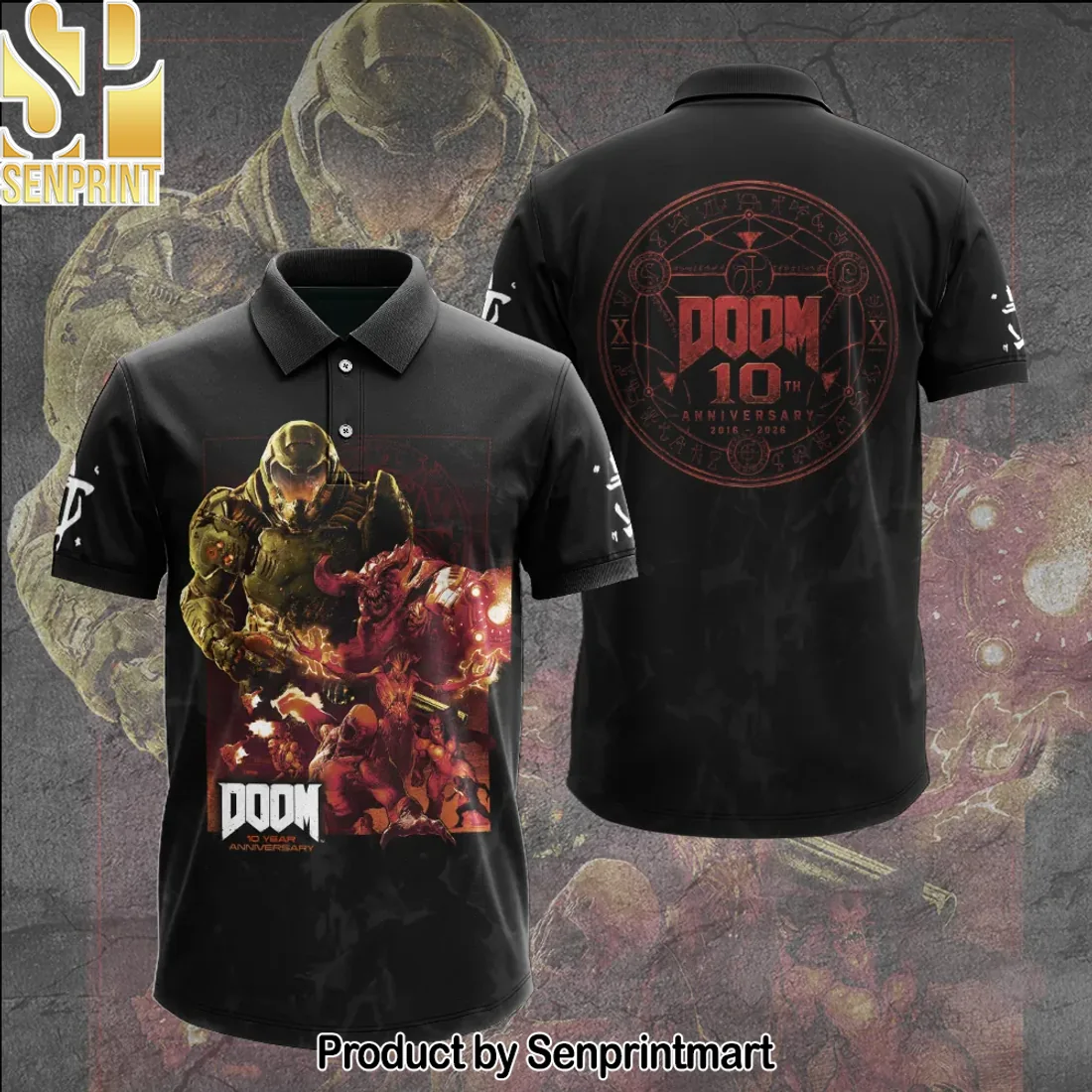 DOOM 10th Anniversary Doom Slayer & Demons Vibrant Graphic T-Shirt DOOM 10th Anniversary Doom Slayer & Demons Vibrant Graphic T-Shirt