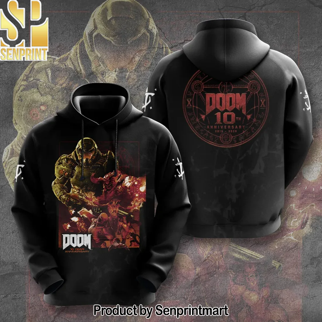 DOOM 10th Anniversary Doom Slayer & Demons Vibrant Graphic T-Shirt DOOM 10th Anniversary Doom Slayer & Demons Vibrant Graphic T-Shirt