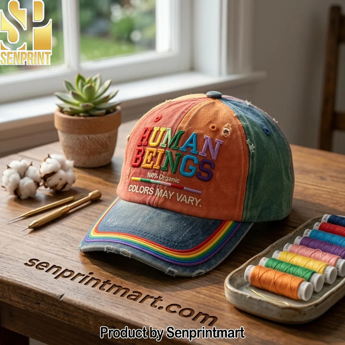Human Beings 100% Organic Rainbow Embroidered Distressed Baseball Cap