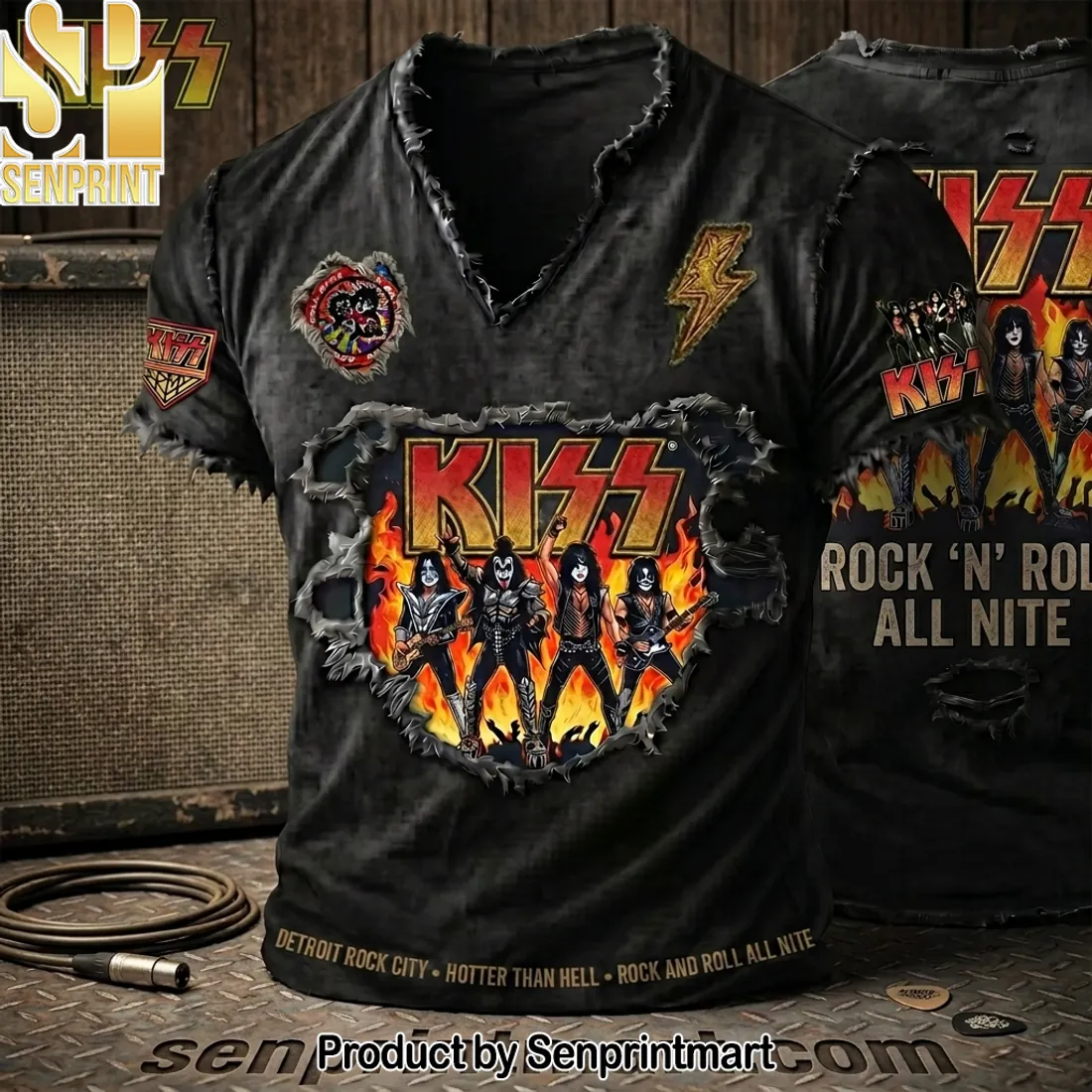 KISS Rock ‘N’ Roll All Nite Distressed V-Neck T-Shirt