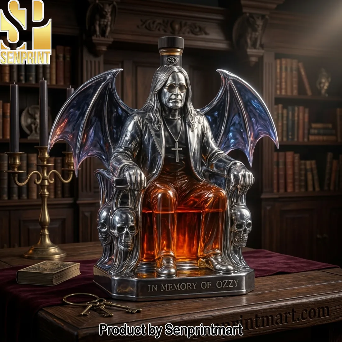 Ozzy Osbourne “In Memory of Ozzy” Gothic Bat Wing Skull Whiskey Decanter