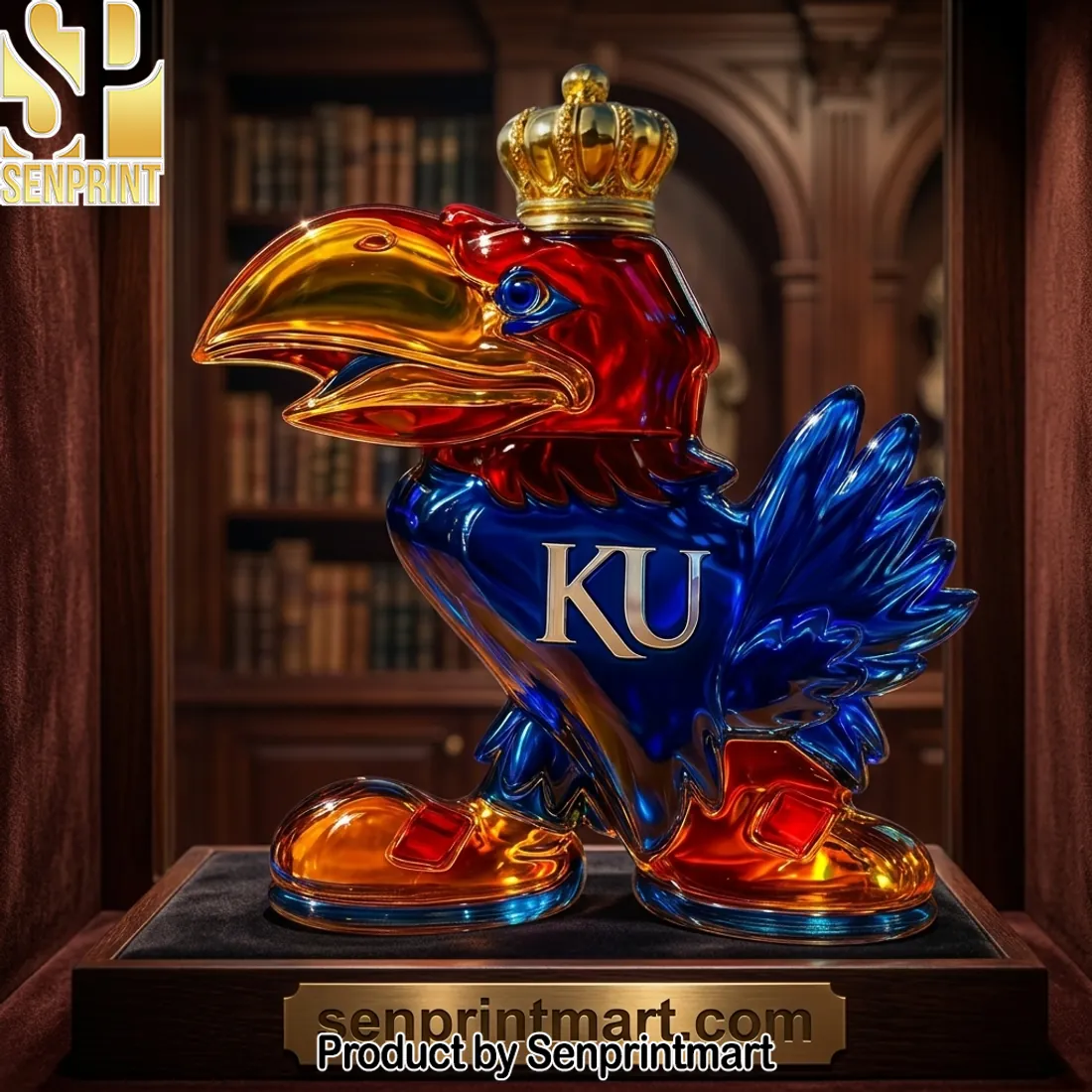 KU Jayhawks Crowned Crystal Mascot Whiskey Decanter