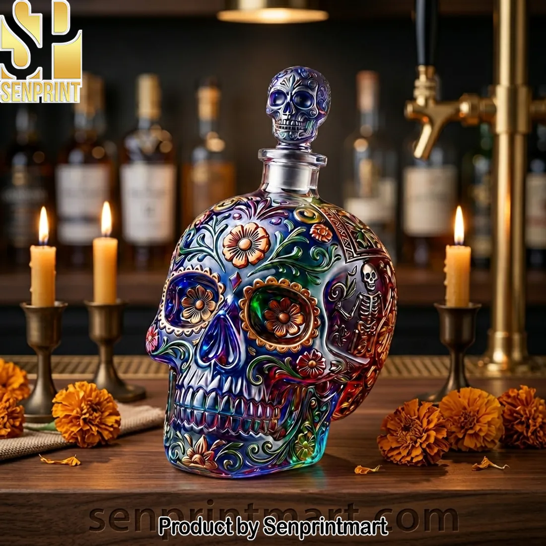Day of the Dead Colorful Sugar Skull Whiskey Decanter