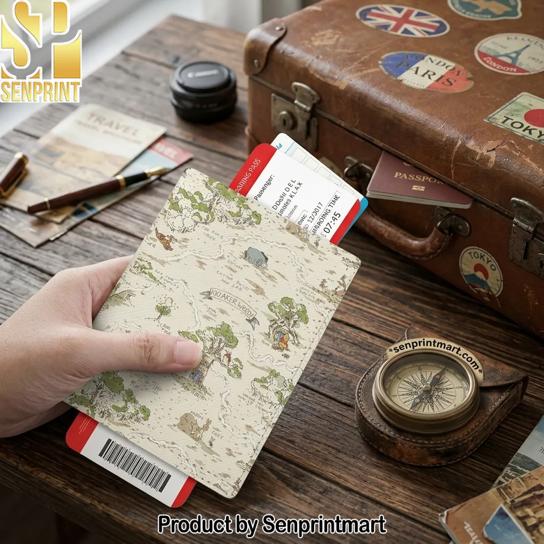 Winnie the Pooh 100 Aker Wood Map Leather Passport Cover