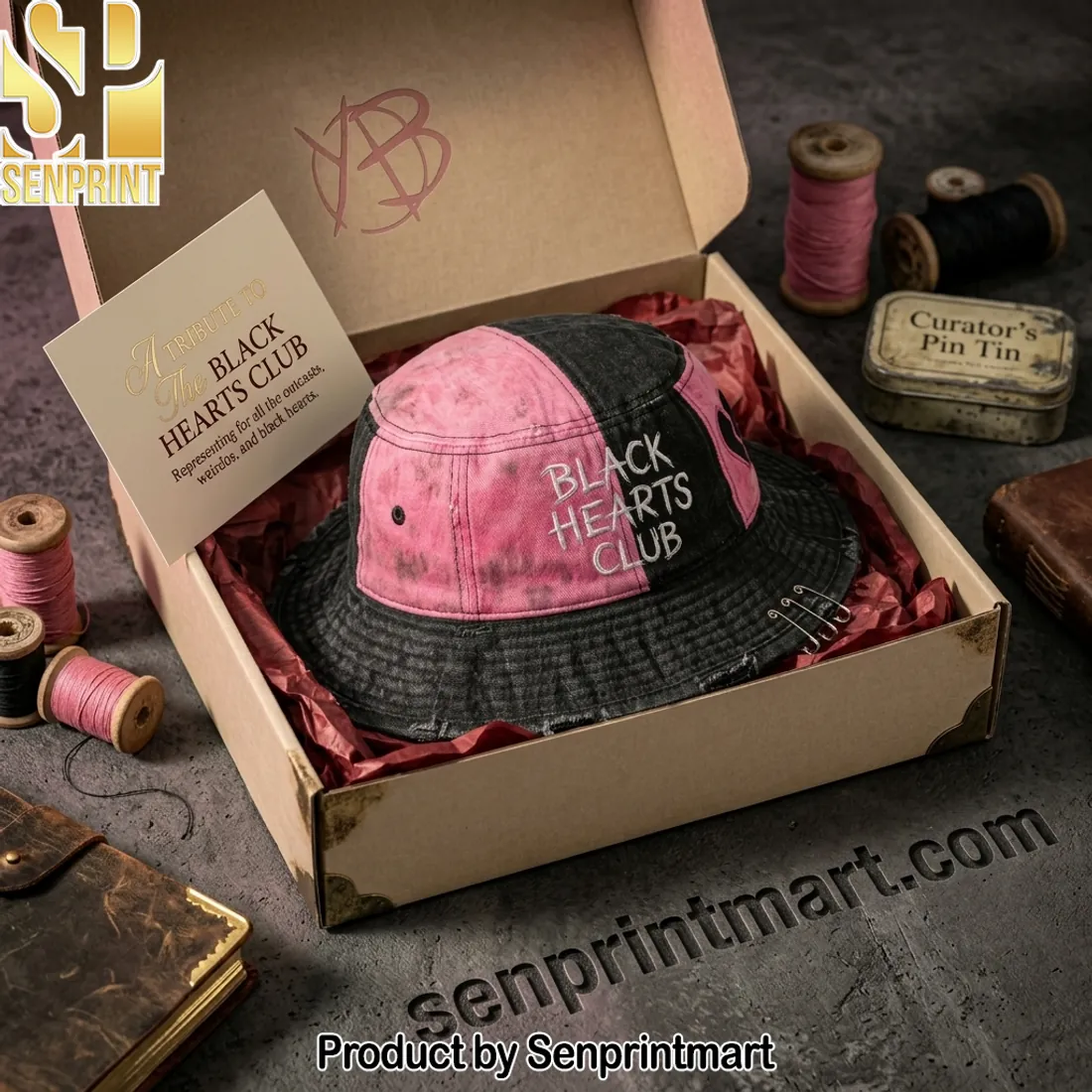 Justin Bieber Black Hearts Club Distressed Pink & Black Bucket Hat