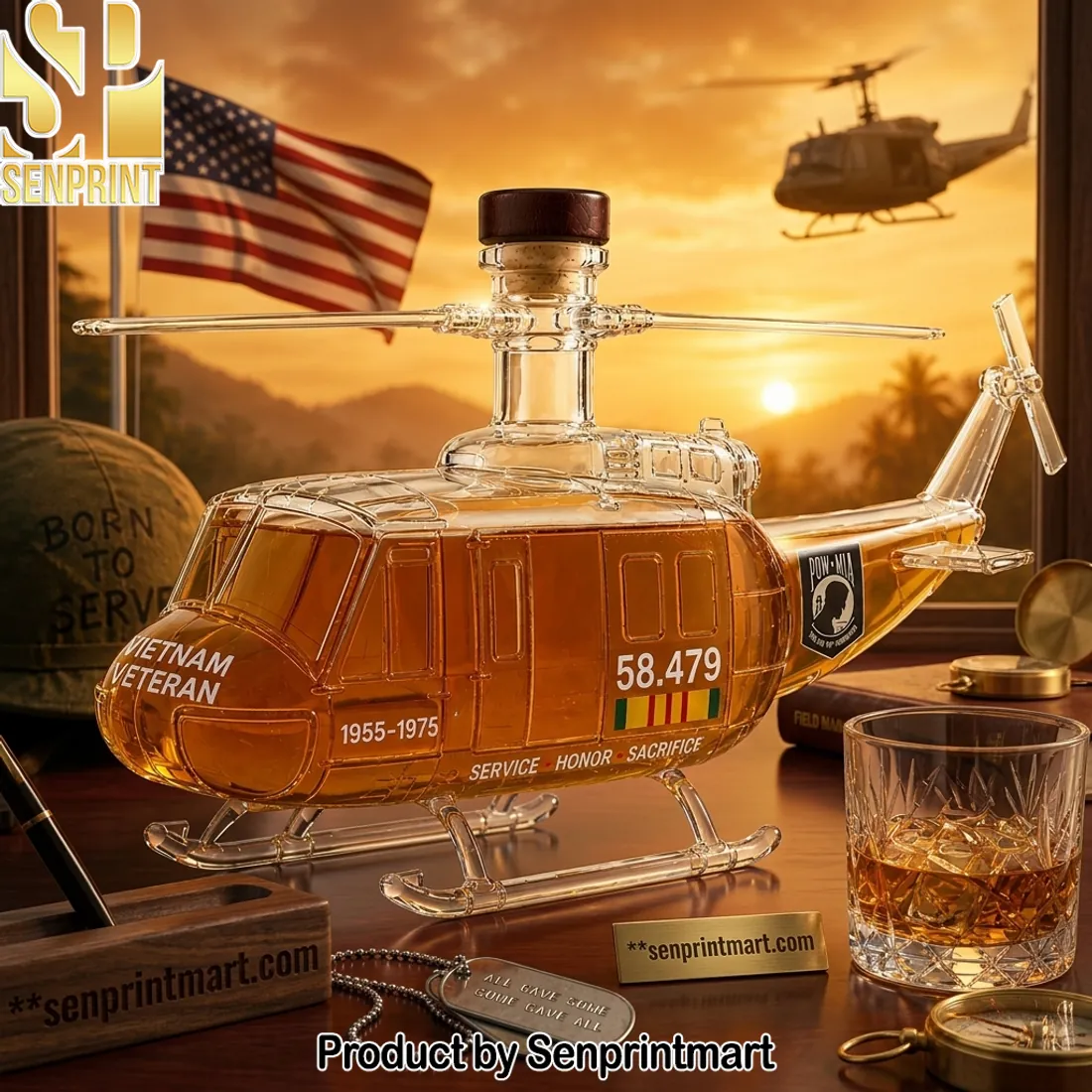 Vietnam Veteran UH-1 Huey Helicopter Commemorative Whiskey Decanter
