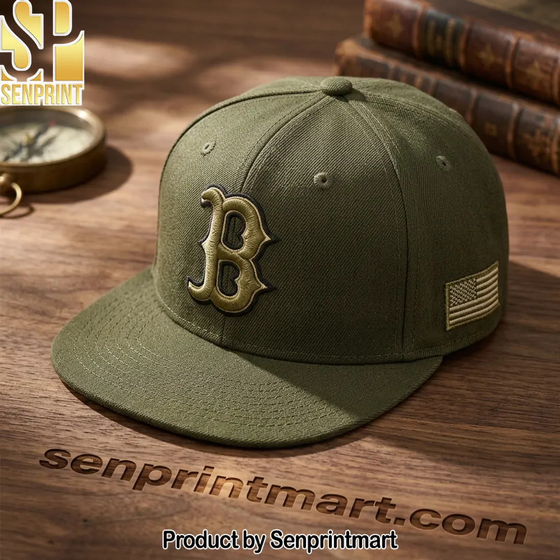 Boston Red Sox Military Green US Flag Embroidered Baseball Cap