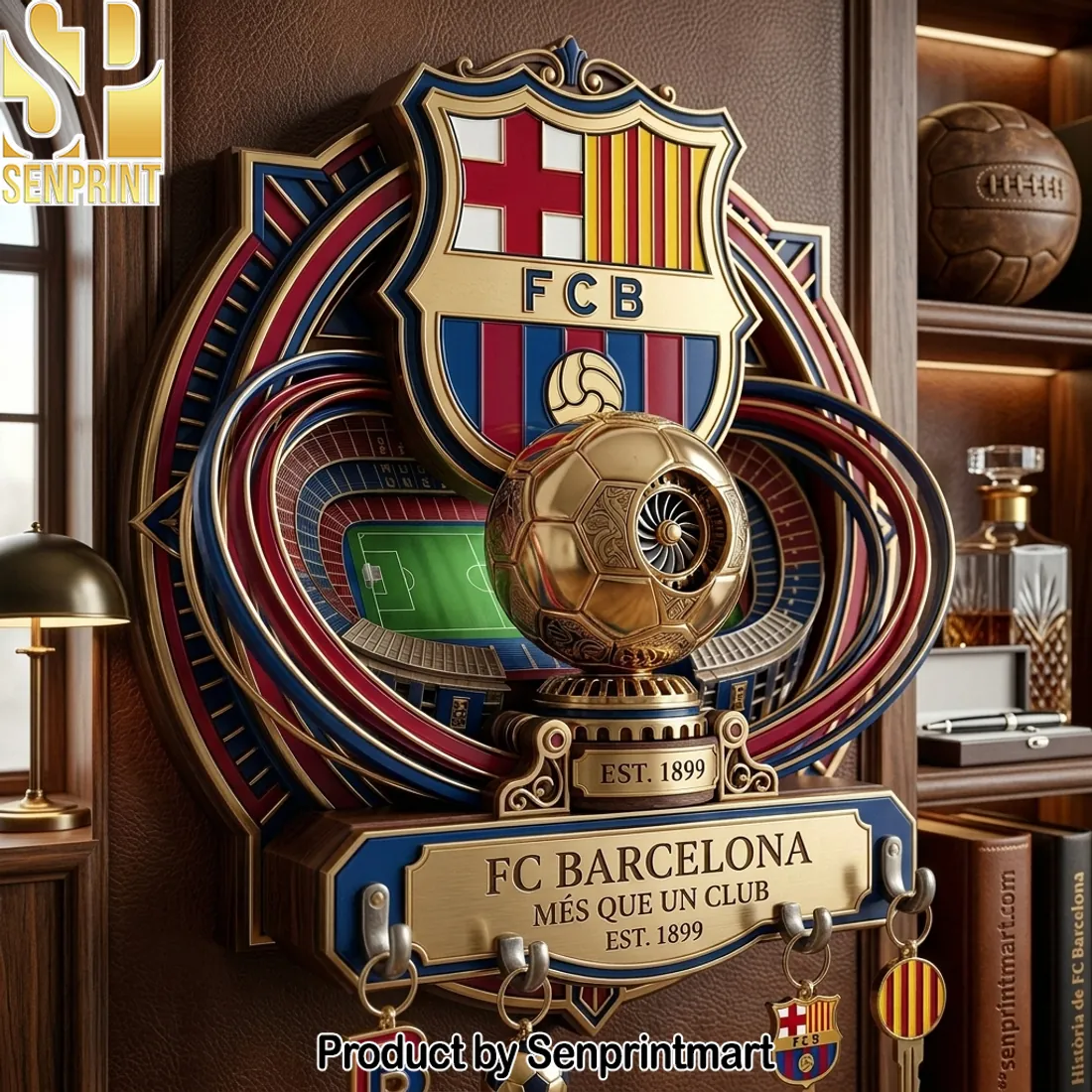 FC Barcelona Mes Que Un Club Camp Nou Stadium 3D Luxury Wooden Wall Key Holder
